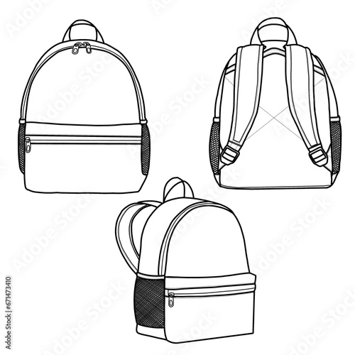 Mini backpack with front and back views. Flat sketch vector illustration technical drawing template.