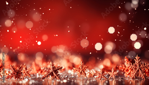 Red background with snowflakes and bokeh.