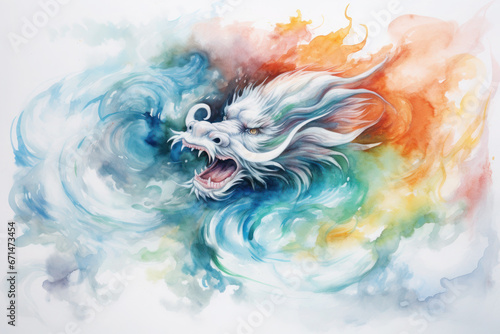 green Chinese dragon in red clouds or smoke. watercolor style, new year and horoscope. mythological animal.