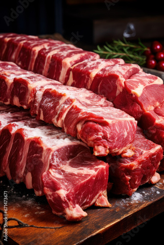 Variety of Raw meat. steak, Ribeye, Tenderloin fillet mignon from pork or beef. cooking or barbecue ingredients