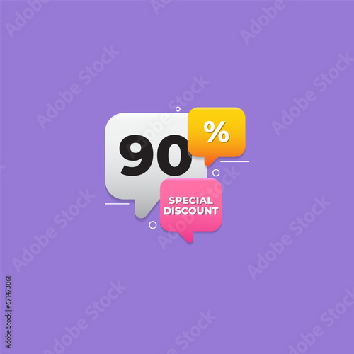 90 percent off special offer tag label. Discount badge template with price clearance percentage.