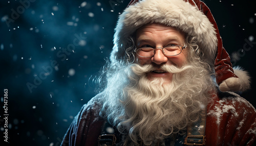 Portrait of a smiling Santa Claus on a background with bokeh.