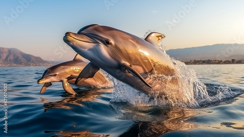 Dolphins jumping out of the water at sunset. Scientific name: Tursiops truncatus. Dolphins in the sea.  © korkut82