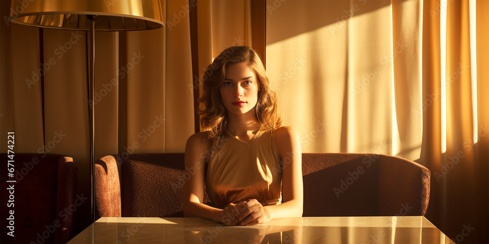 young model in a hotel room sits besides a table young model in a hotel room sits besides a table