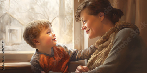 young boy with down syndrome with his mother at home