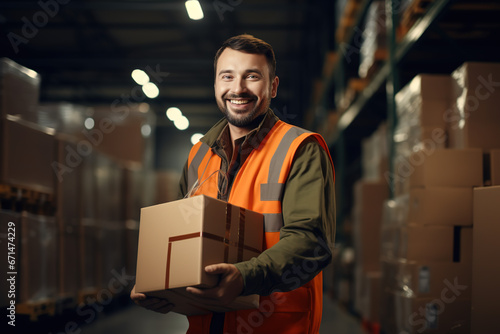 man with orange vest in warehouse holding box and a carton photo