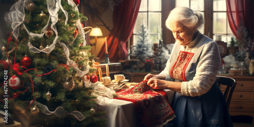 old woman embroidering at Christmas time photo