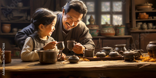 east asian man with his daughter in the kitchen