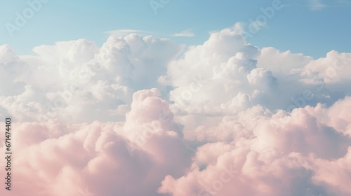 Clouds background in soft, warm, pastel and neutral colors. Aesthetic minimalism wallpaper for social media content. View of sky above clouds. Serene, calming backdrop. Tranquility and simplicity. © TensorSpark