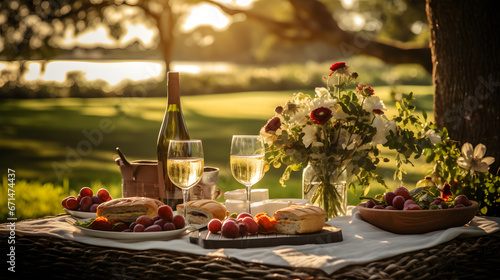 A beautifully set picnic for two in a lush, sunlit meadow, creating a lovely scene for a heartfelt Valentine's Day celebration.