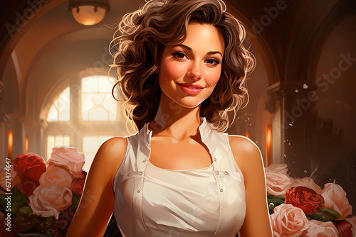 A brunette girl smiles against a background of roses.
