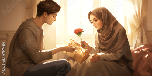 muslim mom receiving a gift from her son photo