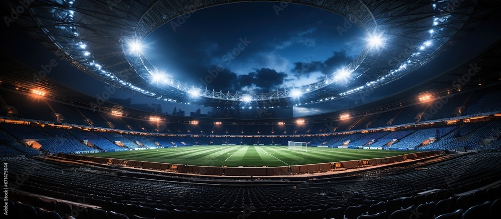 A soccer stadium at night. Football stadium at night with lights. Panoramic view of a football stadium at night with lights - obrazy, fototapety, plakaty 