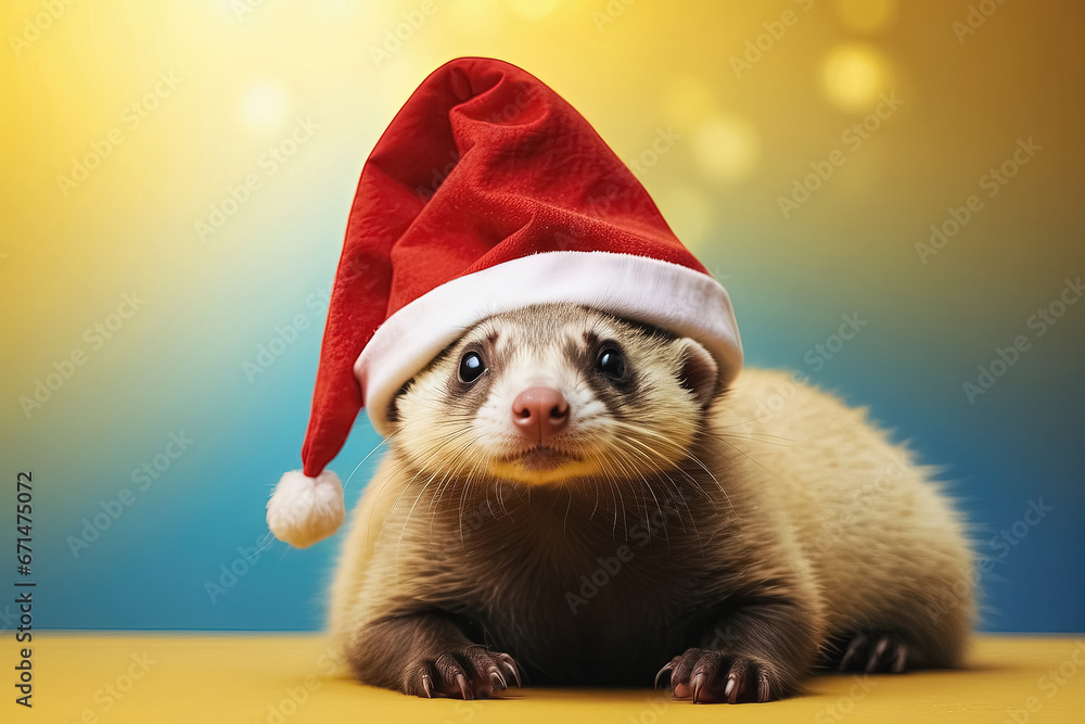 ferret in a Christmas hat, Merry Christmas card. Generative Ai ferret in a Christmas hat, Merry Christmas card. Generative Ai