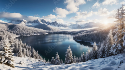 Beautiful highland blue lake among snow mountains. Generative Ai © Alexandra