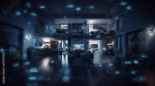 Artificial intelligence, smart dark blue big hall with connect smart Technology, led, control, generative ai