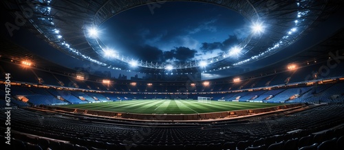 A soccer stadium at night. Football stadium at night with lights. Panoramic view of a football stadium at night with lights