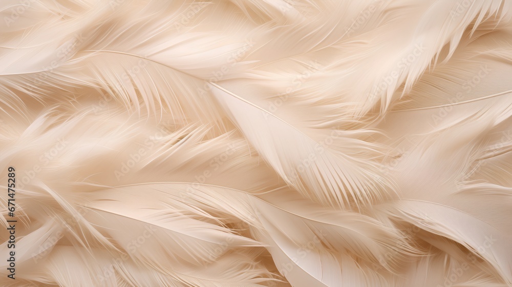 Feathers background with beige colors blend and aesthetic soft style. Fragile and sensitive elements from nature. Neutral pastel design. Beautiful wallpaper with natural texture. Purity and beauty. - obrazy, fototapety, plakaty 