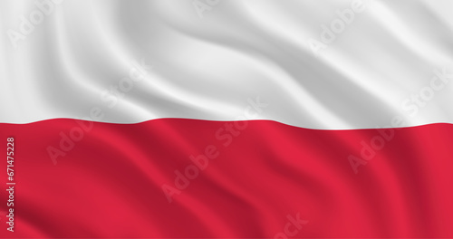 National flag of Poland flutters in the wind. Wavy Polish Flag. Close-up front view. Red and White flag. 3D Render. Realistic 3d vector graphics