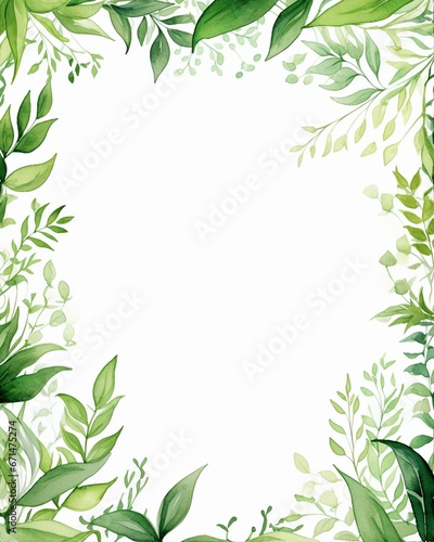 Watercolor leafy frame border empty page white background. Copy space © Mas