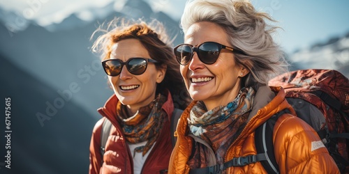 Two women, 50 years old, are traveling trekking in the mountains
