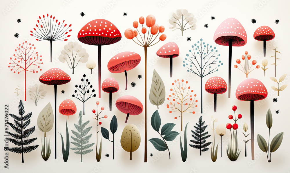 Background with mushrooms with red caps on a white background.