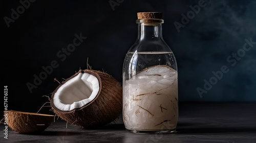 A bottle of coconut oil next to a coconut shell
