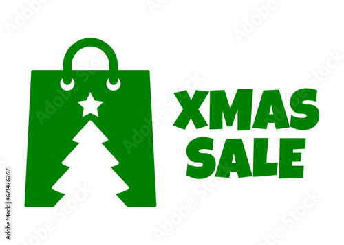 Tiempo de Navidad. Logo con palabra Xmas Sale con silueta de bolsa de la compra con árbol de navidad con estrella en espacio negativo