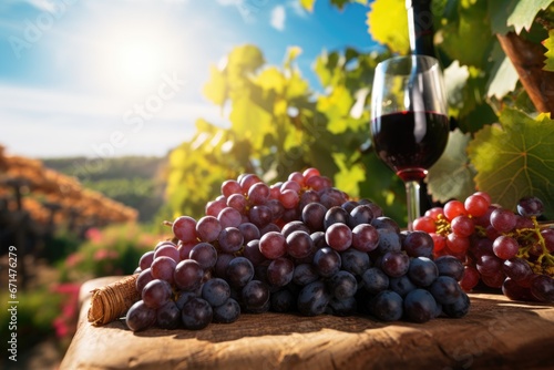 Glass of red wine with grapes on old wooden table