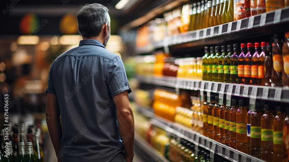 Man shopping products in a grocery store, considering nutrition, prices, and ingredients, demonstrating informed consumer behaviour, ,advertising banner sale shopping supermarket concept	