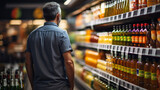 Man shopping products in a grocery store, considering nutrition, prices, and ingredients, demonstrating informed consumer behaviour, ,advertising banner sale shopping supermarket concept	