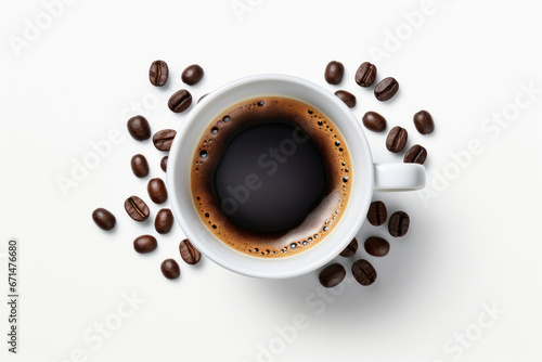 Photo of a steaming cup of freshly brewed coffee with an aromatic coffee bean backdrop