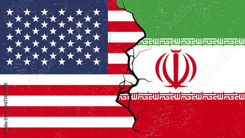 America –Iran proxy conflict with flags and cracked texture