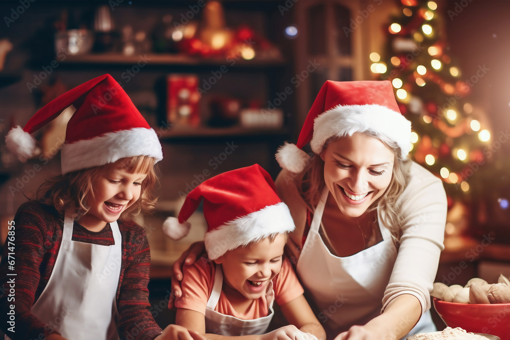 Photo of a woman and two children making Christmas cookies Photo of a woman and two children making Christmas cookies