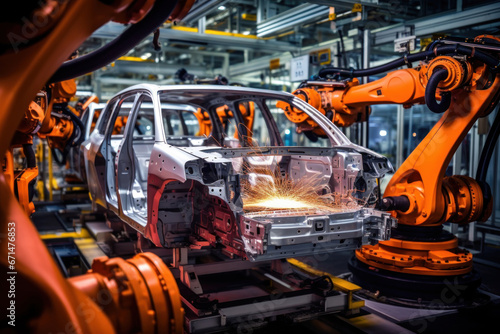 Automobile production line. Welding car body. Modern car assembly plant. Auto industry. Interior of a high-tech factory, modern production. © Anoo