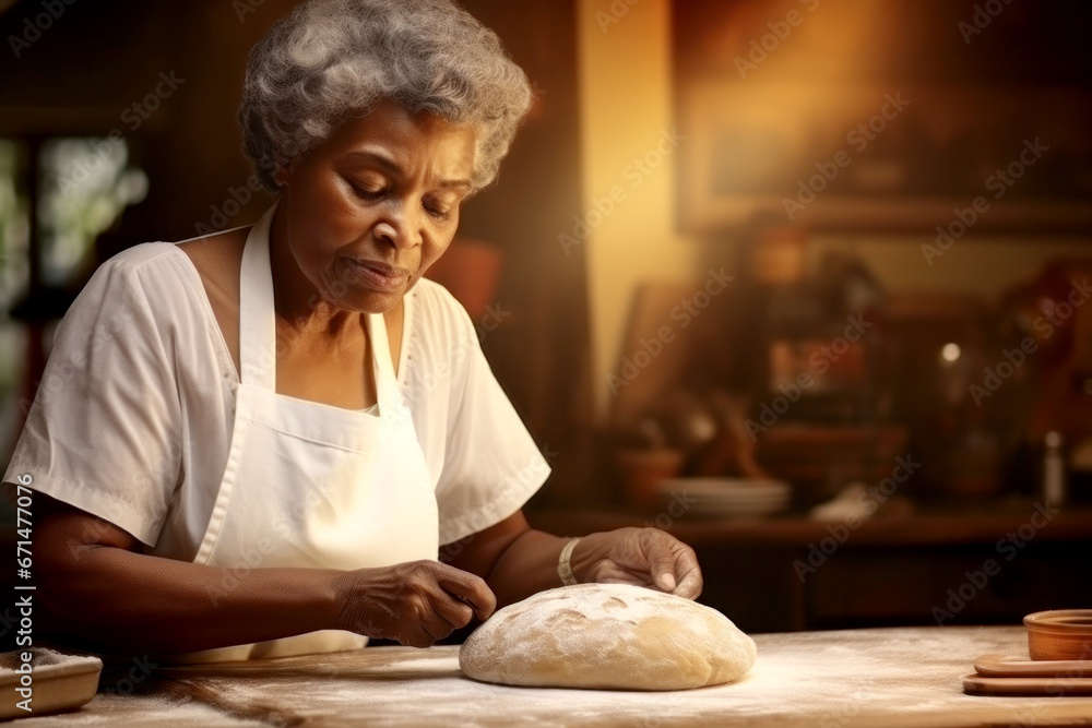 An elderly dark-skinned woman prepares bread dough in the kitchen. Grandmother kneads dough for baking. Homemade bread production. Fresh bakery.