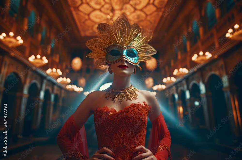 Woman red gold dressed festival. Young dress portrait culture person. Generate Ai Woman red gold dressed festival. Young dress portrait culture person. Generate Ai