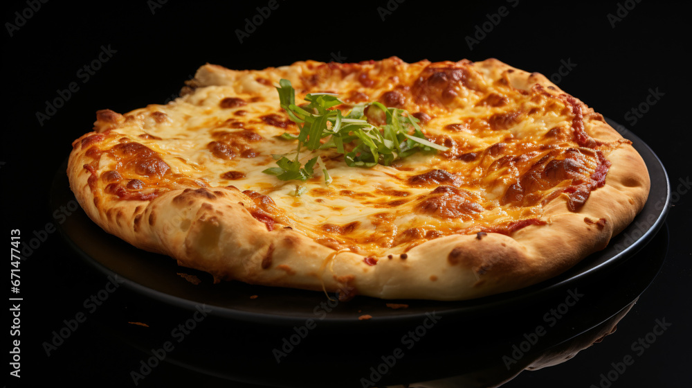 Pizza with cheese on a black background.