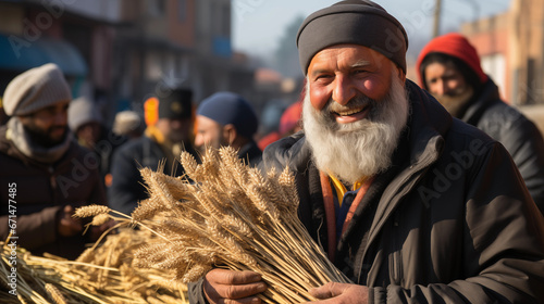 A farmer's market with fresh produce and sugarcane, a symbol of Lohri