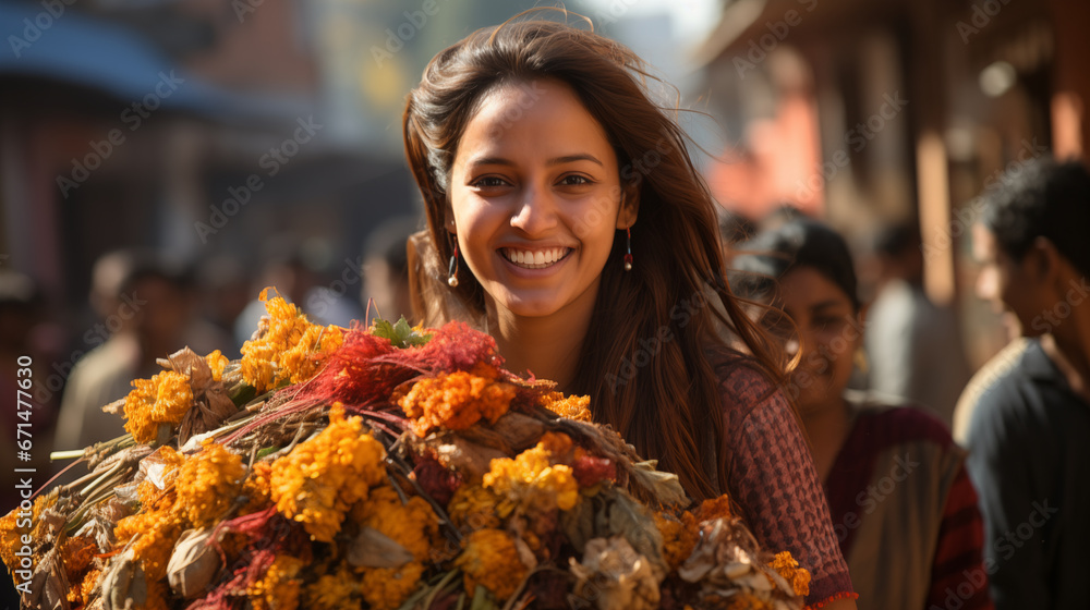 A woman carrying a bundle of freshly harvested crops on Lohri A woman carrying a bundle of freshly harvested crops on Lohri