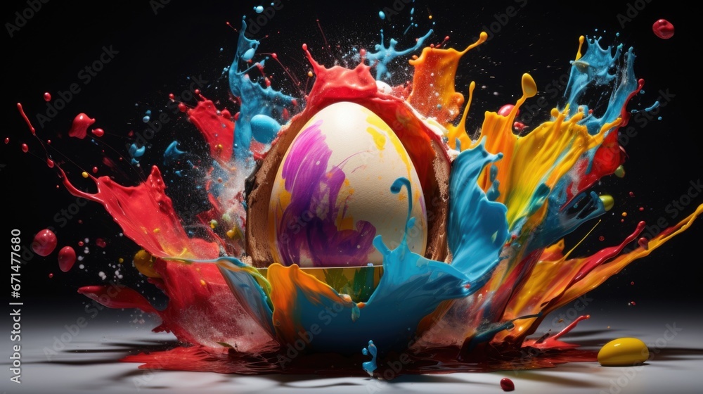 Bright colorful Easter egg explosion. Splashes of paint on an Easter egg