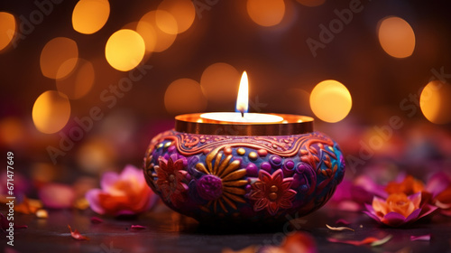 Happy Diwali festival concepts with diya oil lamp and floral mandala on blurred bokeh background. Indian  colorful traditional festival of lights celebration. Generative AI