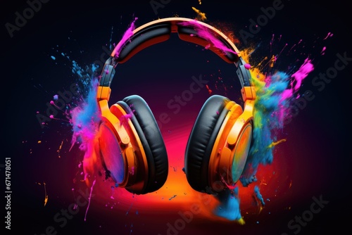 Stylish headphones and bright colored powder. Creative music, festival and holiday concept.