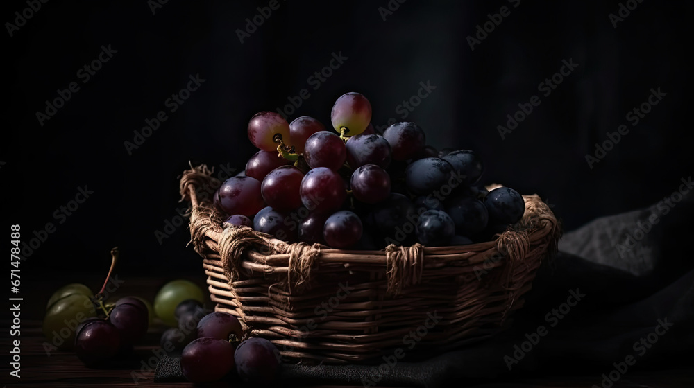 A basket of grapes on a table A basket of grapes on a table