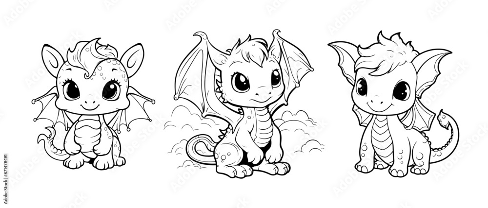 Vector illustration Dragon Character Coloring Book Page with Dragons
