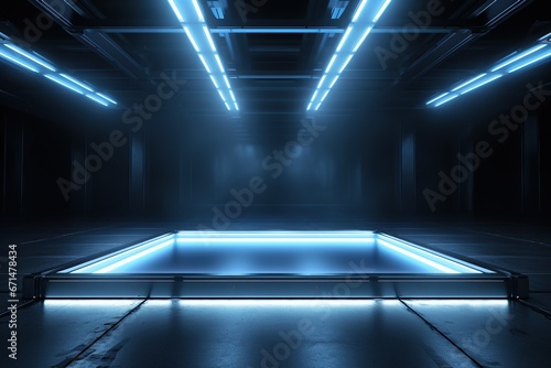Futuristic dark corridor with glowing neon lights. 3D Rendering