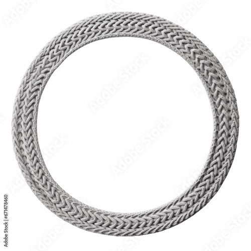 Round knitted gray frame with large knitted braid. Isolated on a transparent background.