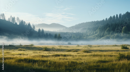 A plain at the edge of a forest, fog in the background