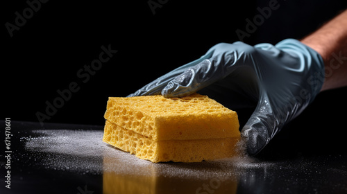 A hand wiping a surface with a sponge, black background