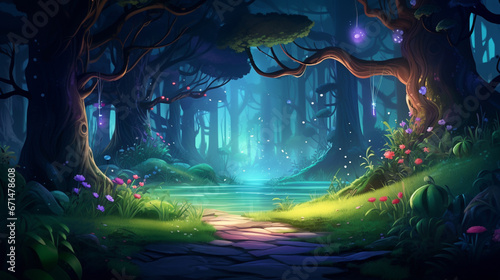 A digital painting of a magical forest